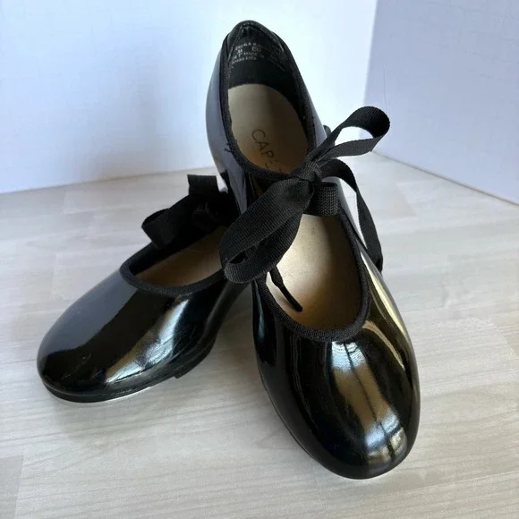 Capezio TeleTone Tap Shoes‎ Black Patent Lace Up Size Youth 13.5 M EUC