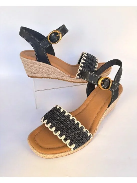 Sofft Inez Low Wedge Sandals Black Leather Summer Espadrilles Women Size 10