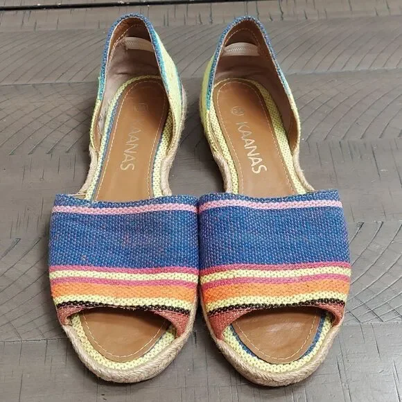KAANAS Striped Flat Peep-Toe Espadrille Sandals Sz 38