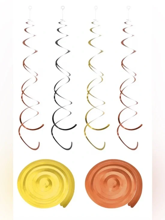 10 Pack Iridescent Hanging Swirl Decorations 5 Orange Swirls & 5 Gold Swirls
