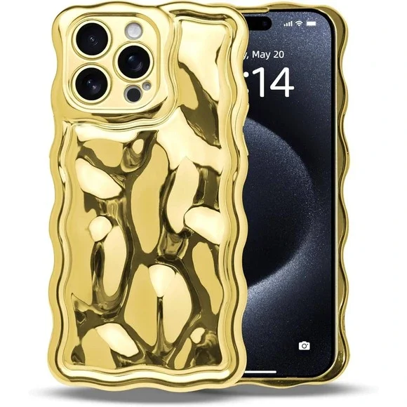 3D Meteorite Bubble Pattern, Glossy Cover (iPhone 14 Pro Max, Gold)‎ (4908)