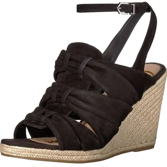 Sam Edelman Awan Black Suede Espadrille Wedge Slingback Sandals Size 9 EUC!