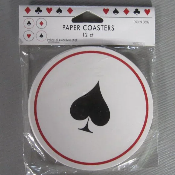 Vintage Set of 12 Paper Coasters Card Suits, Cardboard Disposable Heart, Club, D