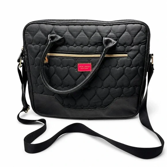 Betsey Johnson Laptop Bag Womens Black Quilted Heart Messenger Crossbody Satchel