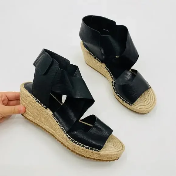 Eileen Fisher Black‎ Leather Wrap Espadrille Wedges