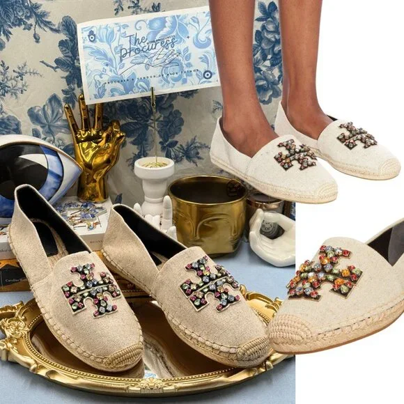 🆕 TORY BURCH 🧿 NWOB Ines Linen & Leather Bejewelled Espadrilles - Sz 10 M