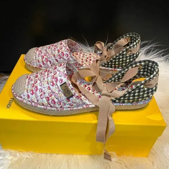 Fendi Quilted floral & gingham canvas espadrilles flats shoes