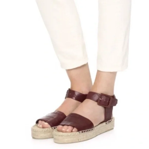 Vince Edina Nut Brown Croc Embossed Leather Platform Espadrille Sandal Size 7
