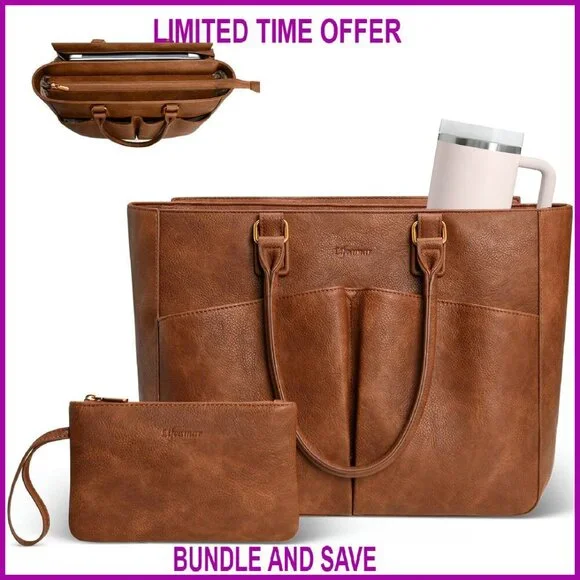 Leather Laptop Tote Bag for Women with Cup Holder Large Capacity Work Bag