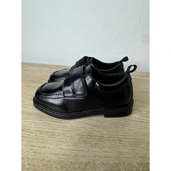 Wonder Nation Boys Black Dress Shoes Hook Loop Strap Square Toe Loafers Size 8