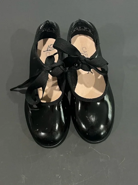 Capezio Black Patent Leather Mary Jane Ribbon Tie Little Girls Tap Dance Shoes