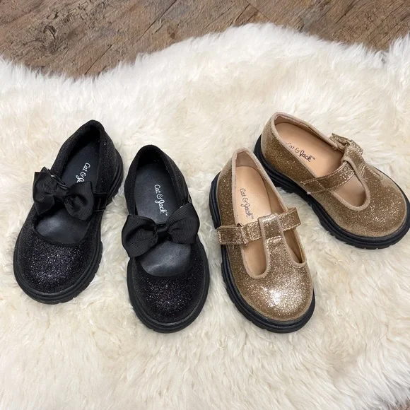 BUNDLE Cat & Jack Girls Glitter Mary Janes - Black & Gold size 6