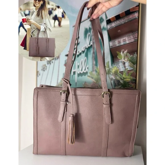 Ecosusi Tan Vegan Faux Leather Laptop Tote Bag 15.6” Work Purse 16x12