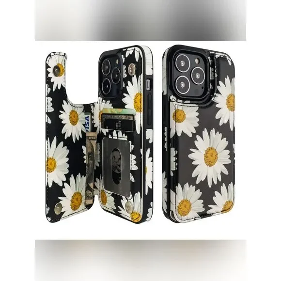 Daisy Print Wallet Phone Case - Black & White