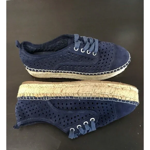 J/Slides Rileyy Navy Blue‎ Perforated Suede Espadrille Laced Sneakers Women 9.5