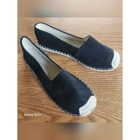 Weeboo Black Canvas Espadrille Flats with Natural Woven Toe Cap & Stitching