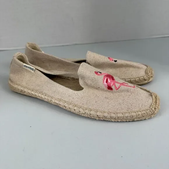 Soludos Espadrille Natural Slip On Shoes Pink Flamingo Embroidered Women's 7