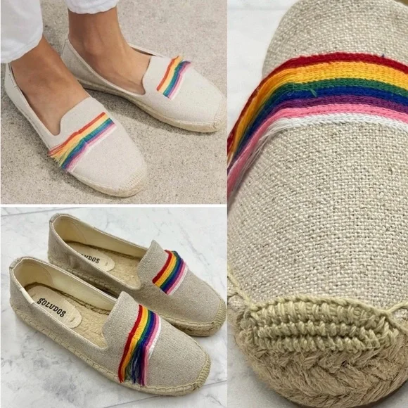 NEW! SOLUDOS PRIDE Smoking Slipper Espadrilles Size 6 7.5 Khaki Rainbow