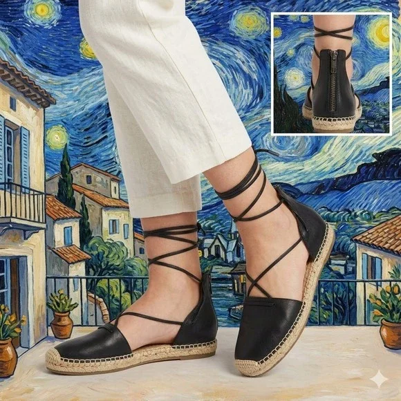 Eileen Fisher Black Leather Lace Up Zip Espadrille Sandals Womens 9 Flat Black