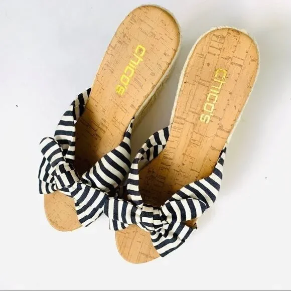 CHICOS BLUE CREAM NAUTICAL ESPADRILLE WEDGE SANDAL