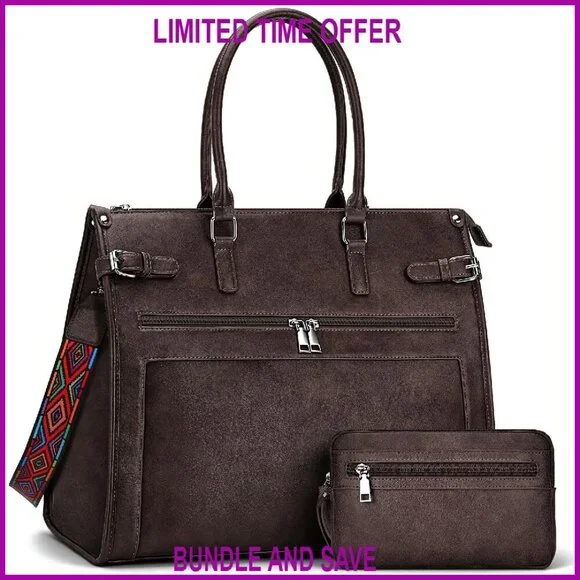 15.6 Inch Vegan Leather Laptop Tote Bag with 9 Pockets, Shoulder & Handbag