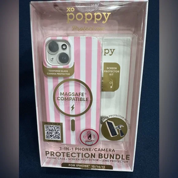 XO POPPY pink striped iPhone 15/14/13 case & 3 in 1 Protection Bundle🩷🤍🩷