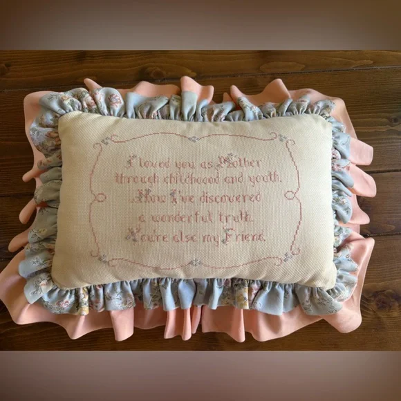 Vintage Cross Stitch Mother Sentiment Ruffle Pillow Grandmacore Cottagecore