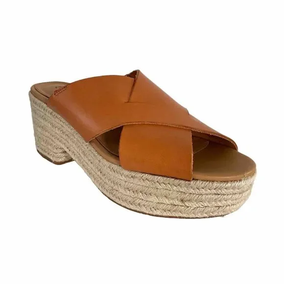 Soludos Leather Platform Cross Strap Open-toe Espadrilles Tan 9