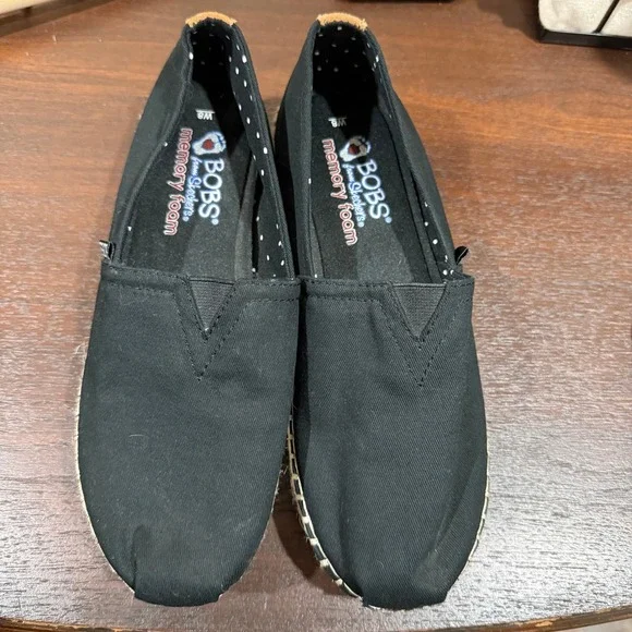 Skechers‎ BOBS Womens Black Canvas Espadrille Memory Foam Flats 32719 Size 8