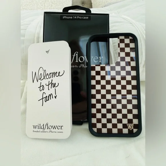 Wildflower iPhone 14 Pro Case Brown Checkerboard Trendy Viral Style Giftable