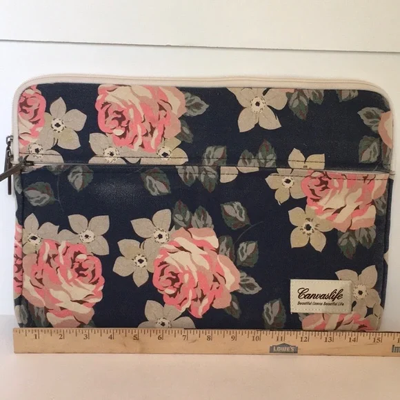 Canvaslife Washed Denim Floral 15.5” Canvas Laptop Sleeve/Case W/ 2 Pockets