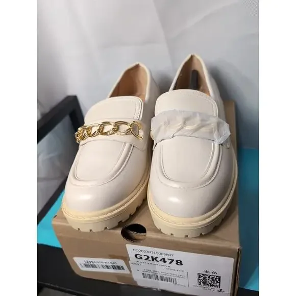 Coutgo Girls Platform Penny Loafers Chain Dress Shoes Beige Size 3