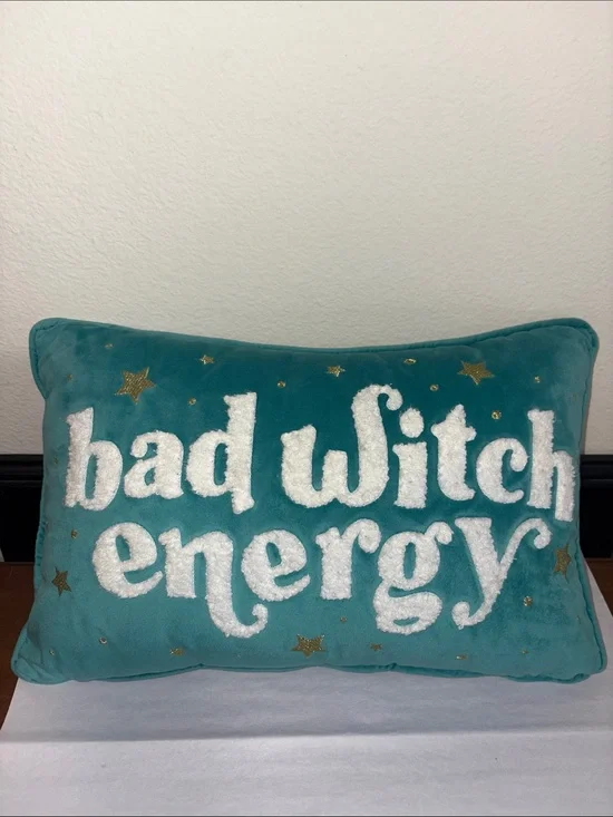 Teal Plush Pillow 'Bad Witch Energy' with gold stars ⭐️ 🌟⭐️⭐️⭐️⭐️