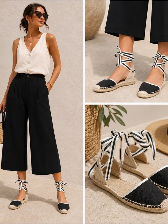 SOLUDOS Lauren Lace Up Espadrille Sandals Ankle Wrap Black Linen Women's. Size 7