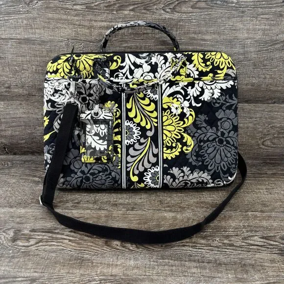 Vera Bradley Laptop Shoulder Messenger Bag 15in Yellow Padded Quilted Floral