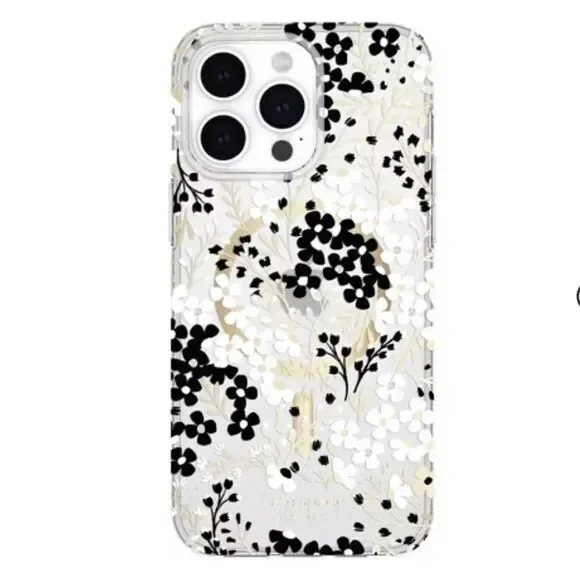 Kate Spade iPhone 15 Plus Protective Case MagSafe Black & White Floral Gems