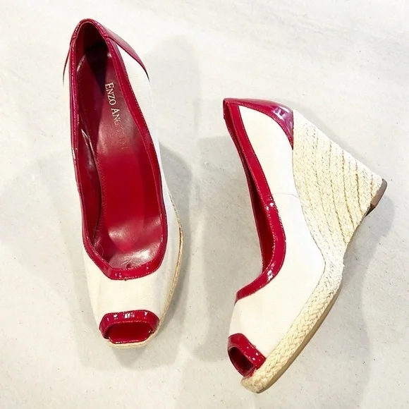 Enzo Angiolini Wedges Espadrille red and tan Patent Leather heels size 7.5