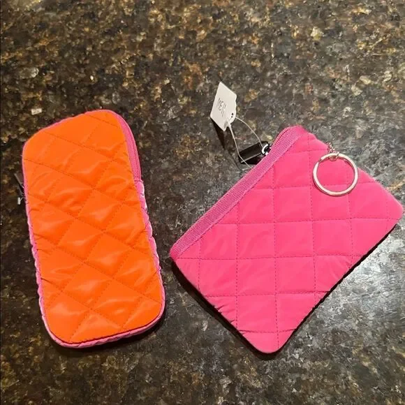 Pink & Orange Neoprene Quilted Card Case with Keyring and Sunglass Case NEW