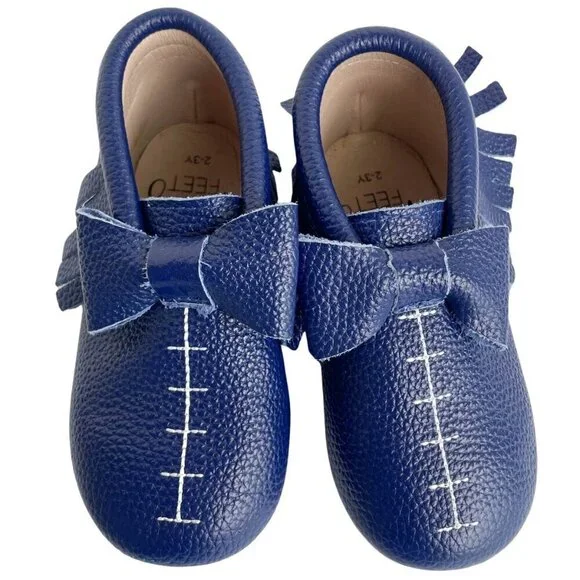 NEW‎ Monkey Feet Leather Blue Bow Moccasin Style Sandals Shoes - Size 2-3 Years