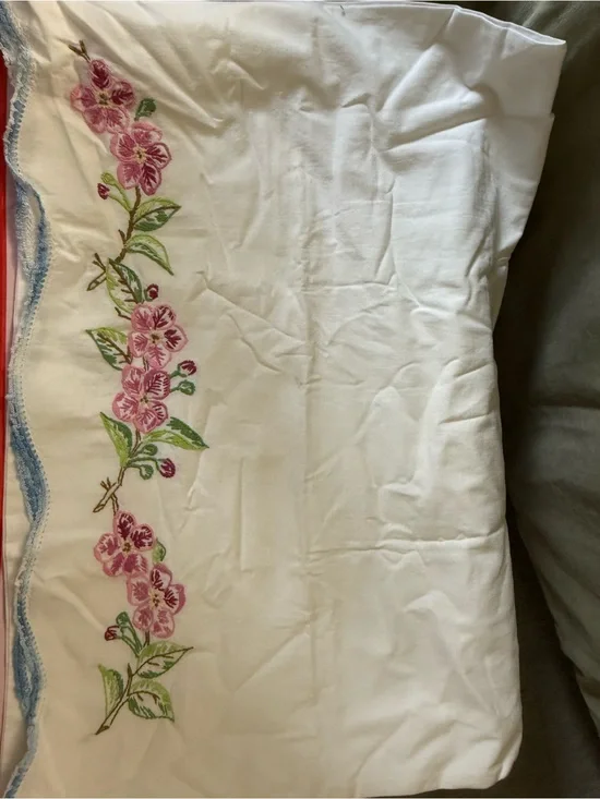 Pillowcase White with Pink Floral Embroidery Blue Trim OSB