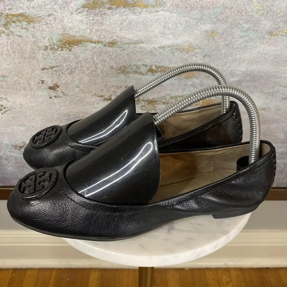 Tory Burch Ballet Flat Shoes Womens Size 7 Black Leather Logo Slip On Round Toe