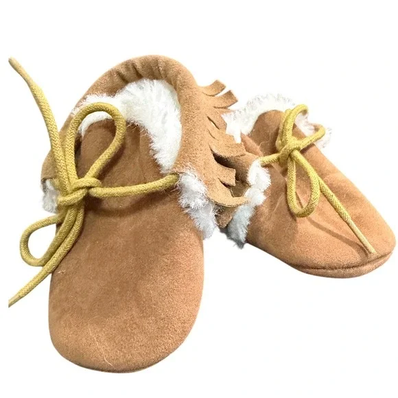 Unbranded Tan‎ Faux Suede Fringe Moccasin Booties with Faux Fur Lining Kids
