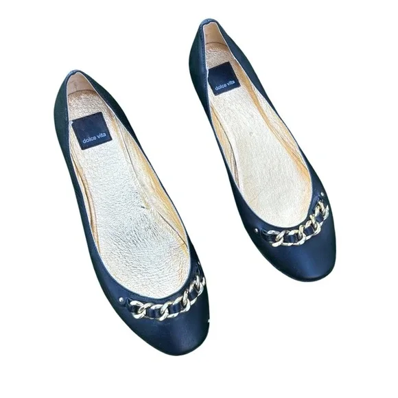Dolce Vita Women's Chain Link Accent Ballet‎ Leather Flats Size 9 Black