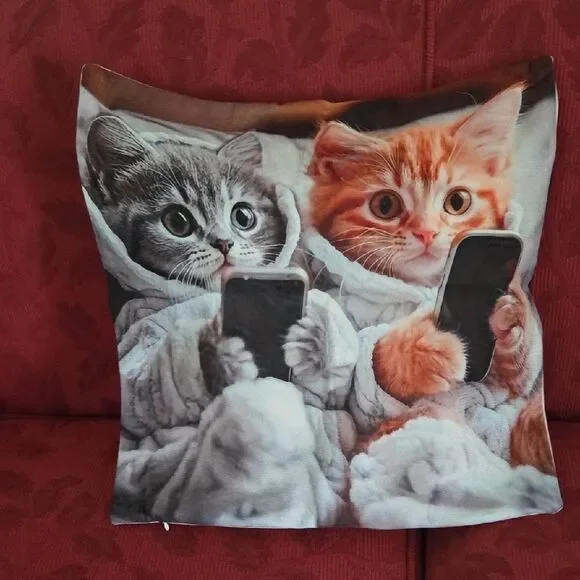 Cozy Cat Pillow Cover with Kittens in Robes