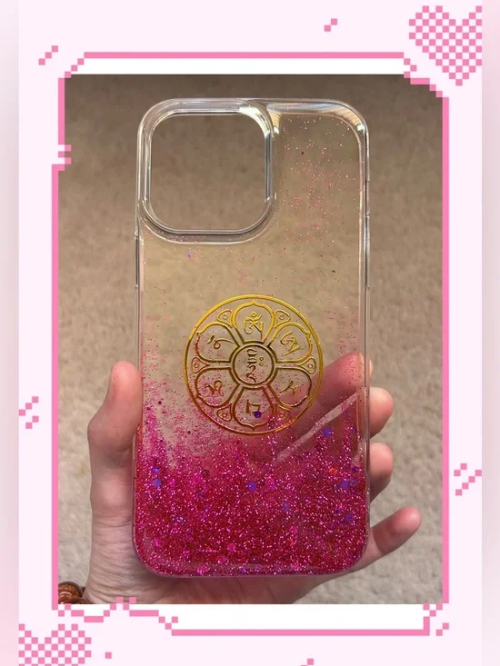Handmade Tibetan Buddhist Mantra Lotus Pink Glitter IPhone 14 Pro Max Soft Case