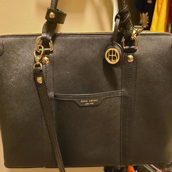 henri bendel Black Saffiano Leather Laptop Tote with Gold Hardware