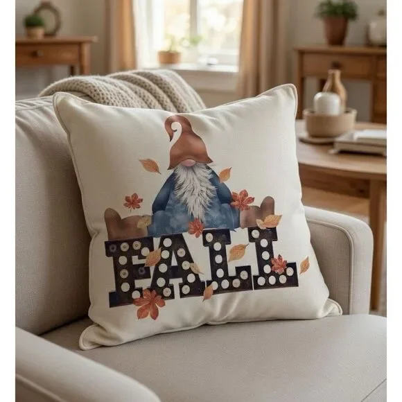 Fall Decor Pillow COVER 22”x22”, Decorative Thanksgiving Home Gnome NEW