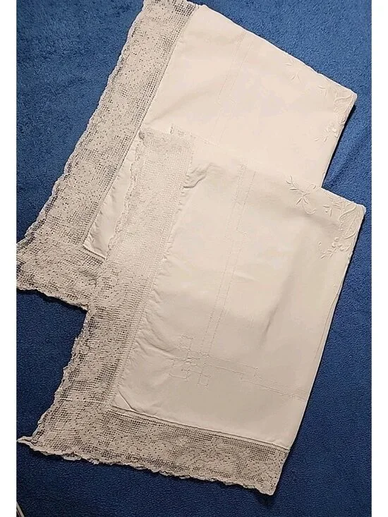 2 Lace Trimmed Embroidered Embellished White Cotton Victorian Pillow Shams Large