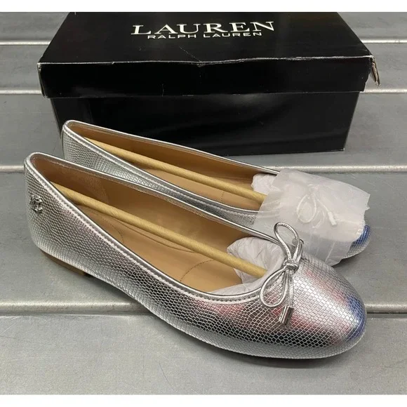 Lauren Ralph Lauren Jayna Flats Ballet Womens 6‎ Silver Leather Bow Slip On