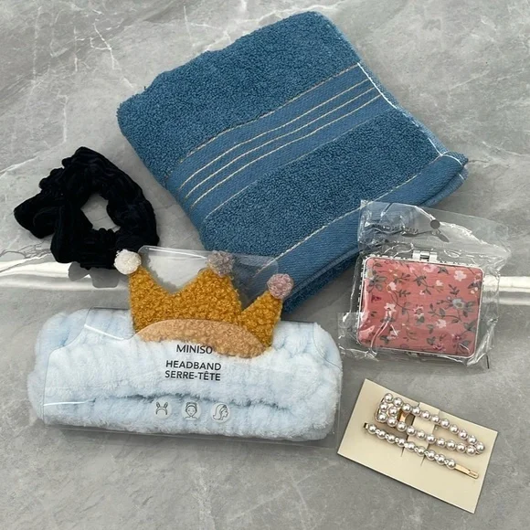Personal Care Bundle - Face Wash Headband, Scrunchie, Mirror, Towel, Hair Clip